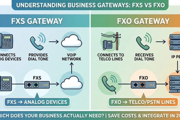 Confused by FXS vs. FXO gateways? Learn the key differences, how they connect your analog phones to VoIP, and which hardware your business needs to save costs in 2026.