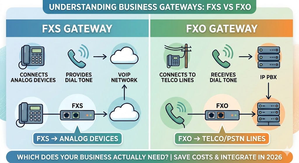 Confused by FXS vs. FXO gateways? Learn the key differences, how they connect your analog phones to VoIP, and which hardware your business needs to save costs in 2026.
